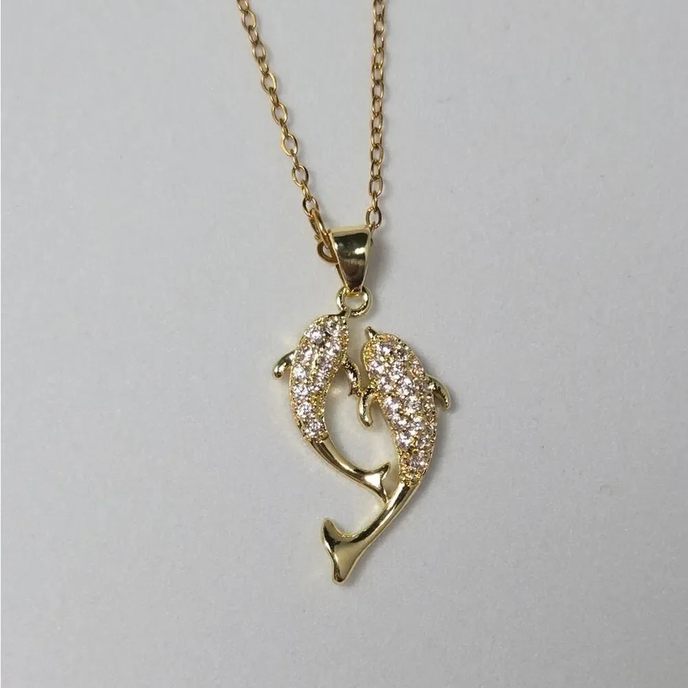 Shiny Pave CZ Dolphin Pendant Necklace 18K Gold Plated Stainless Steel Giftable